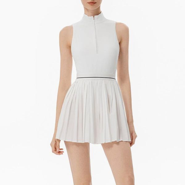ZipFront PleatedDress AntiSlip MidWeight Black White S5T40 - Stylr