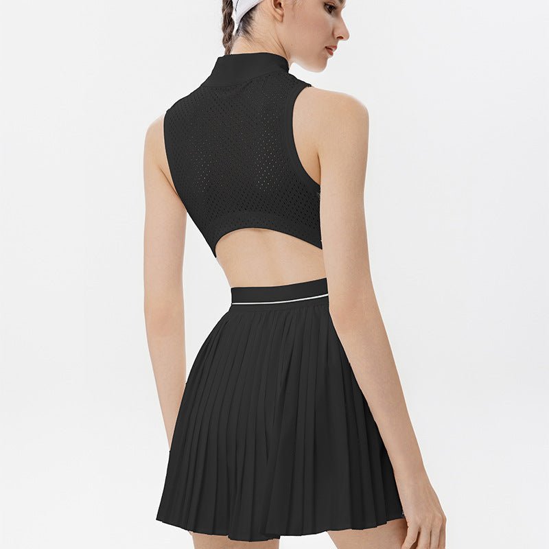 ZipFront PleatedDress AntiSlip MidWeight Black White S5T40 - Stylr