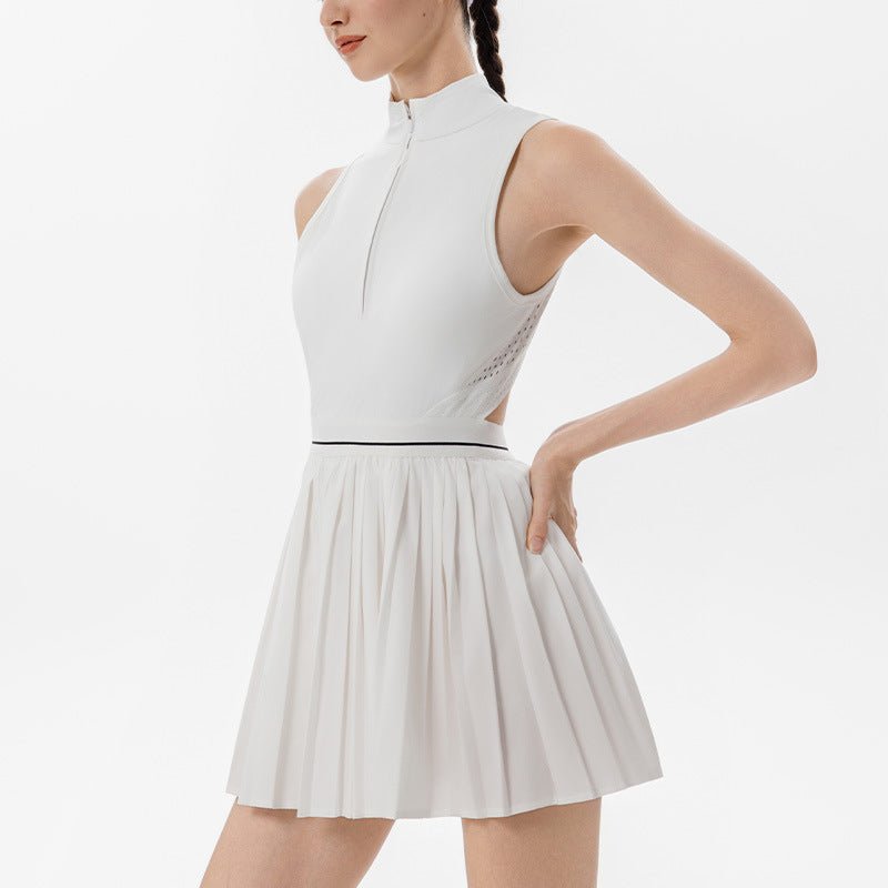 ZipFront PleatedDress AntiSlip MidWeight Black White S5T40 - Stylr