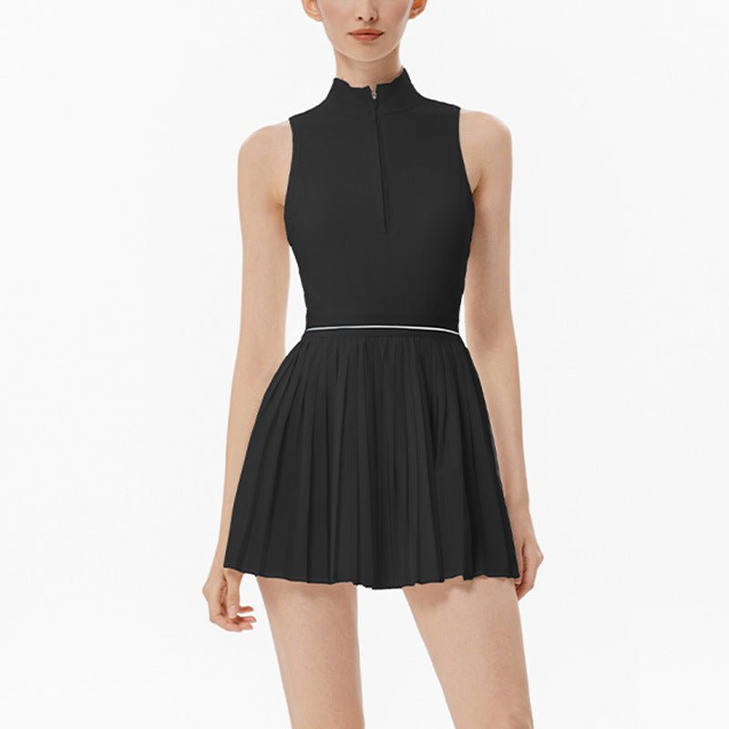 ZipFront PleatedDress AntiSlip MidWeight Black White S5T40 - Stylr