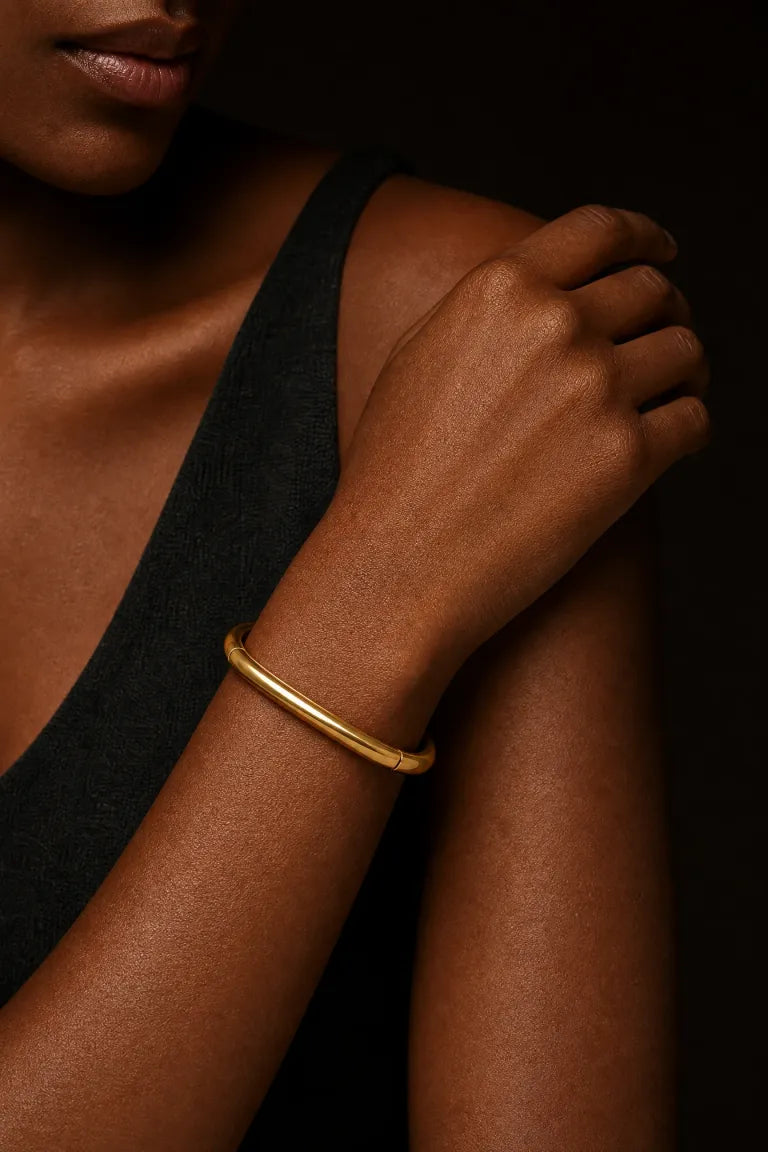 Chunky Square Bangle worn in a dark editorial portrait